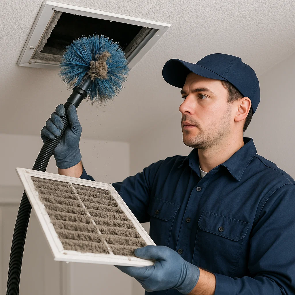 Texas City TX technician restoring airflow by removing dust and dander from air ducts
