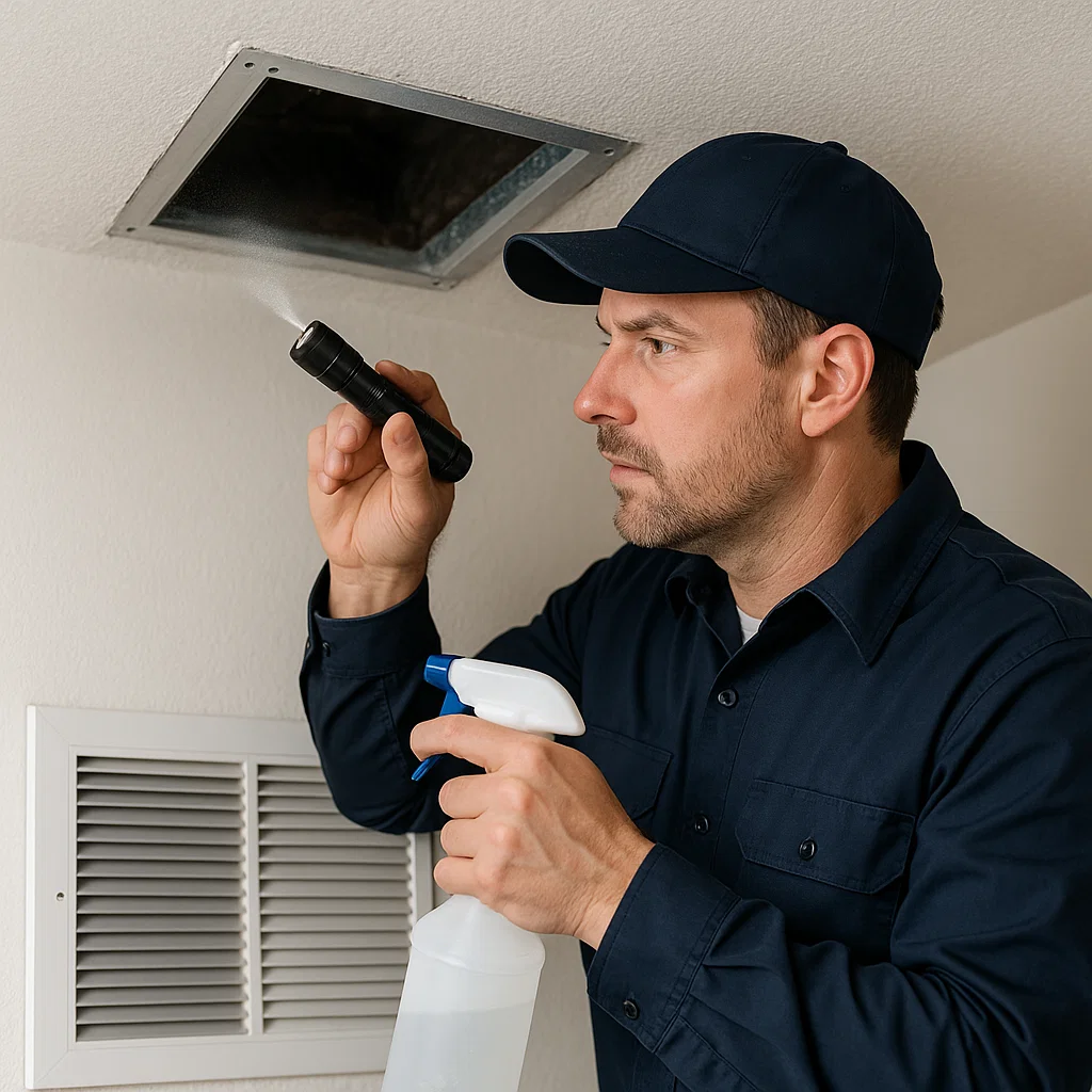 Texas City TX air duct technician inspecting for moisture and sanitizing ducts to prevent mold