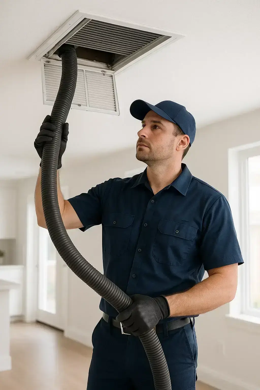Texas City TX Air Ducts Cleaning technician inspecting home duct system